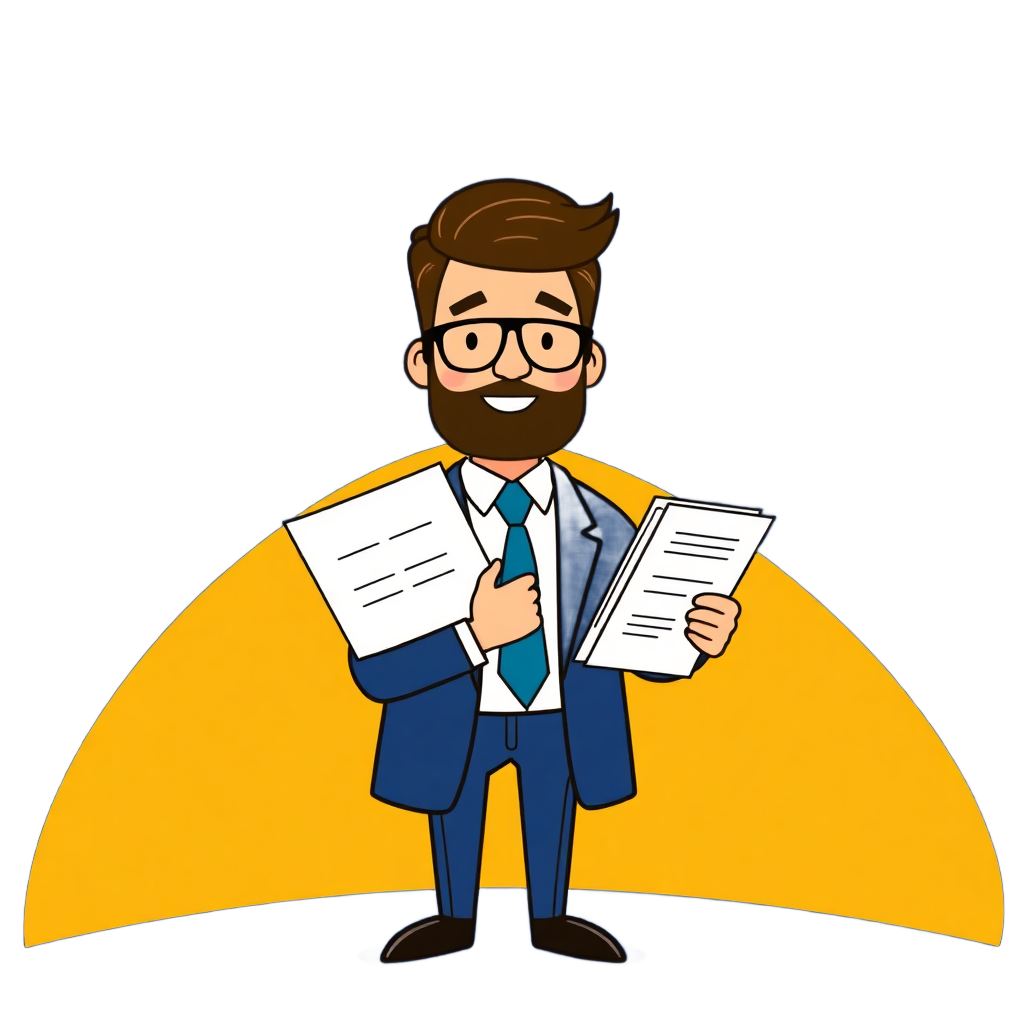 friendly Lithuanian lawyer character illustration holding legal documents, warm professional style, navy blue and light blue colors, modern minimalist design